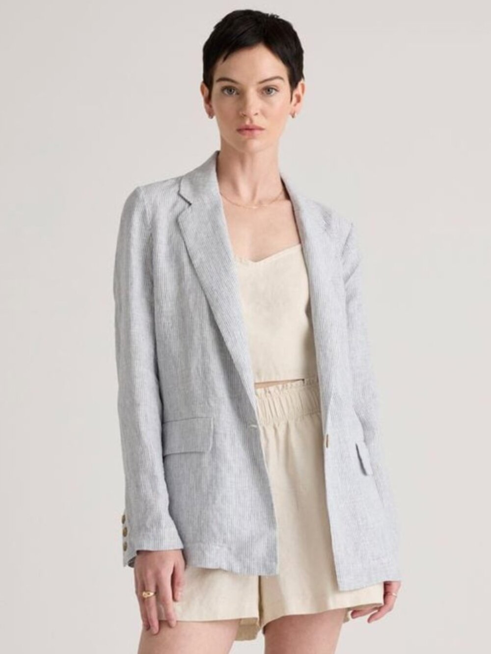 Quince 100% European Linen Blazer Women's Blue Pinstripe Size Small Relaxed